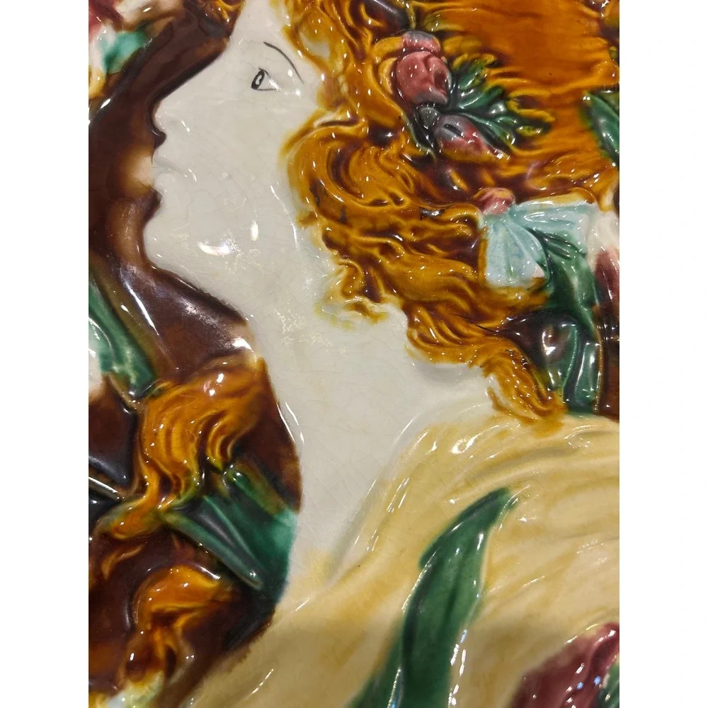 Art Nouveau Majolica Wall Plaque Woman Portrait Floral Relief Ceramic Plate 12